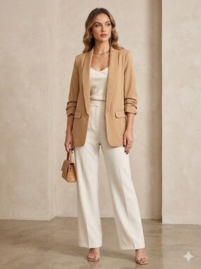 Sophisticated Tan Open Front Blazer with Ruched Sleeves - Milk & Honey